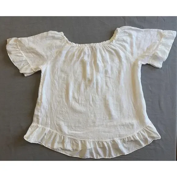 Terzo Millennio Italy White 100% Linen Blouse L Ruffle Hem Boho Top Shirt - Picture 9 of 9